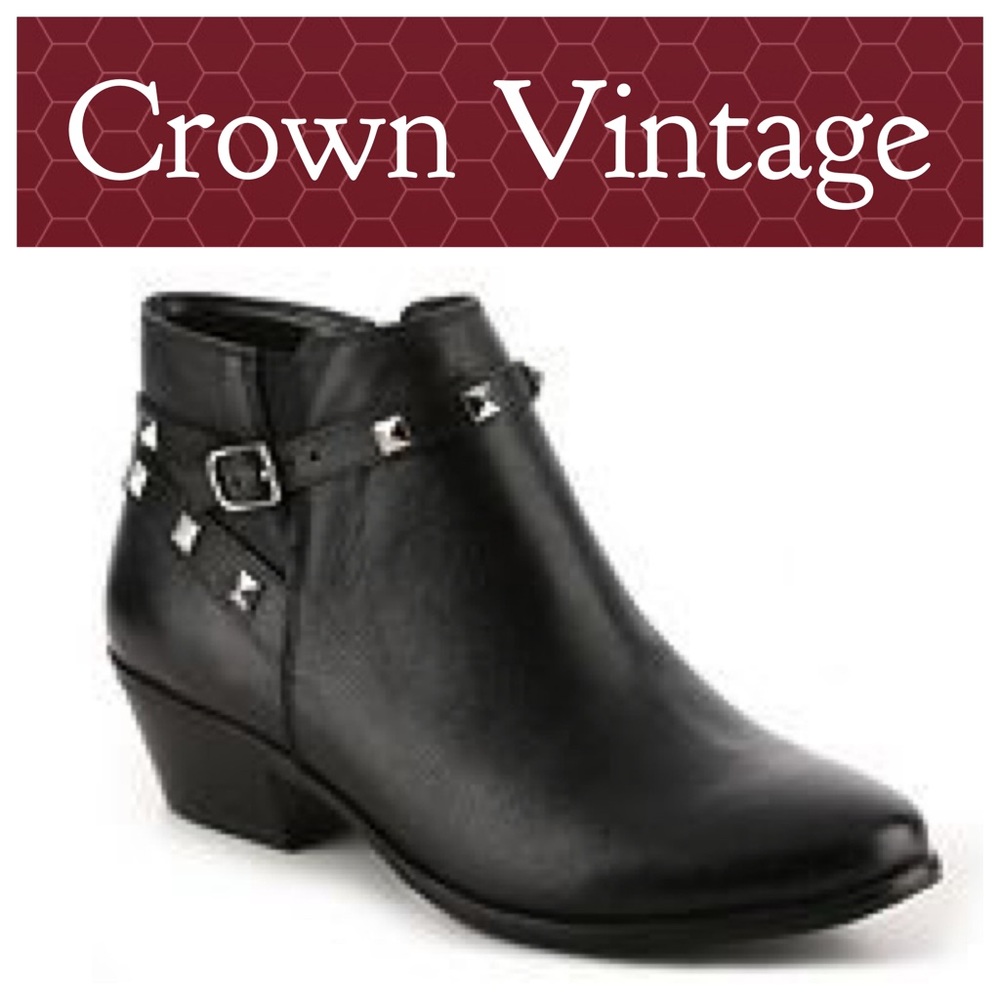 Black Leather Ankle Boots with Studded Strap